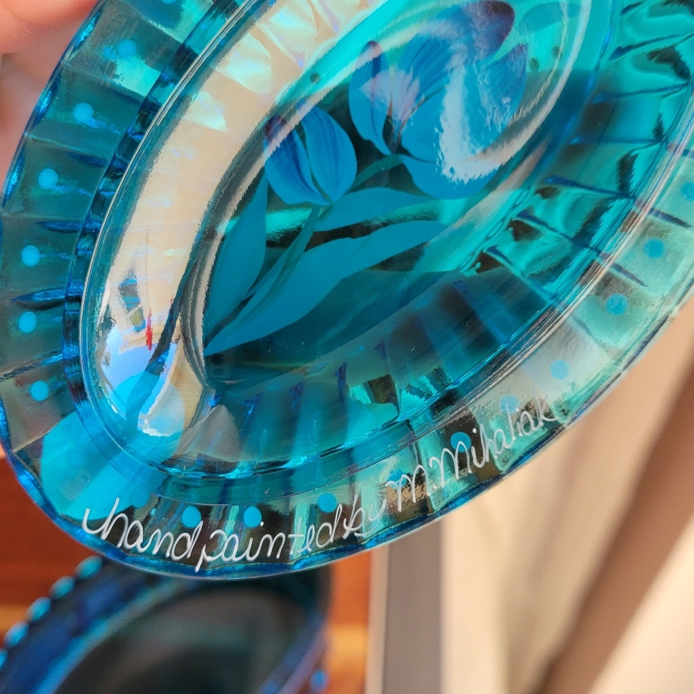 Vintage Fenton Art Glass USA Oval Turquoise Blue Color Hand Painted Floral RARE - Picture 4 of 13